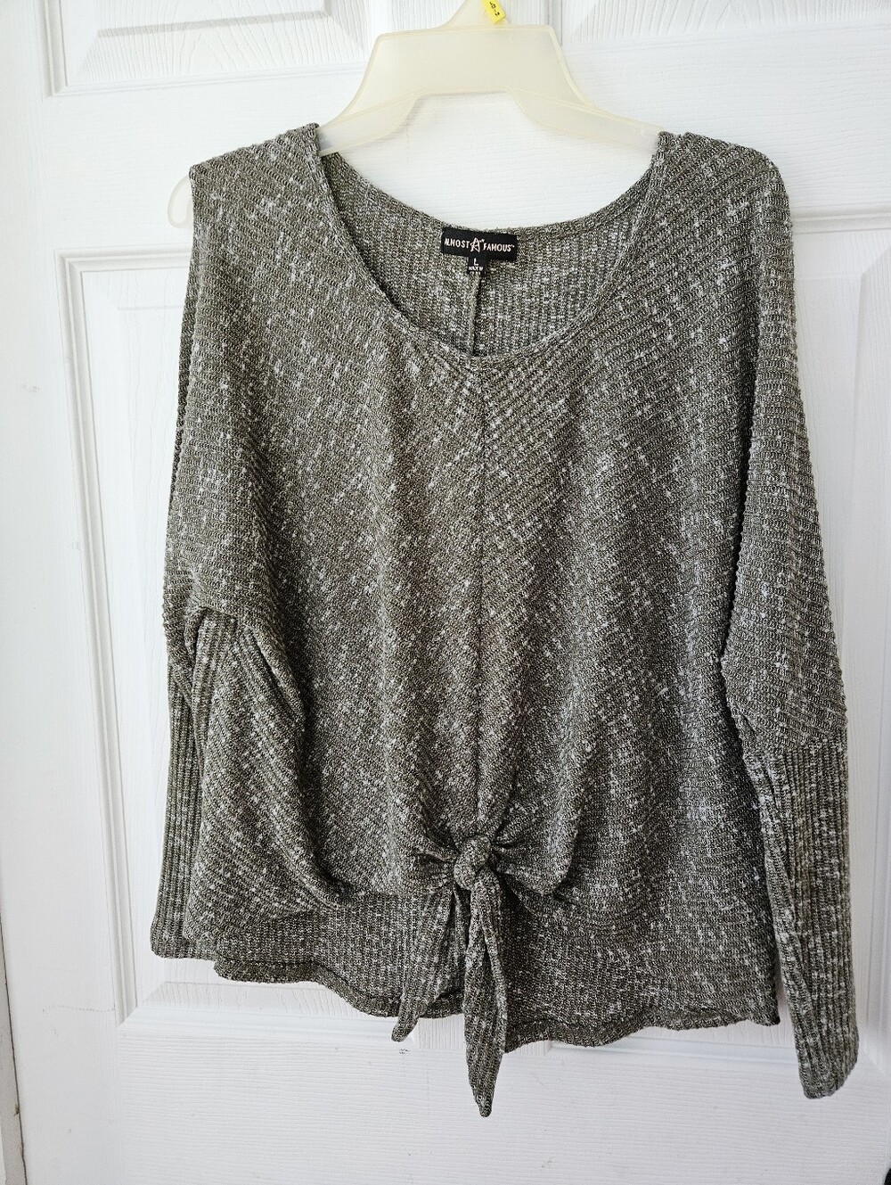 Almost Famous Olive Marled Knit Tie-Front Top